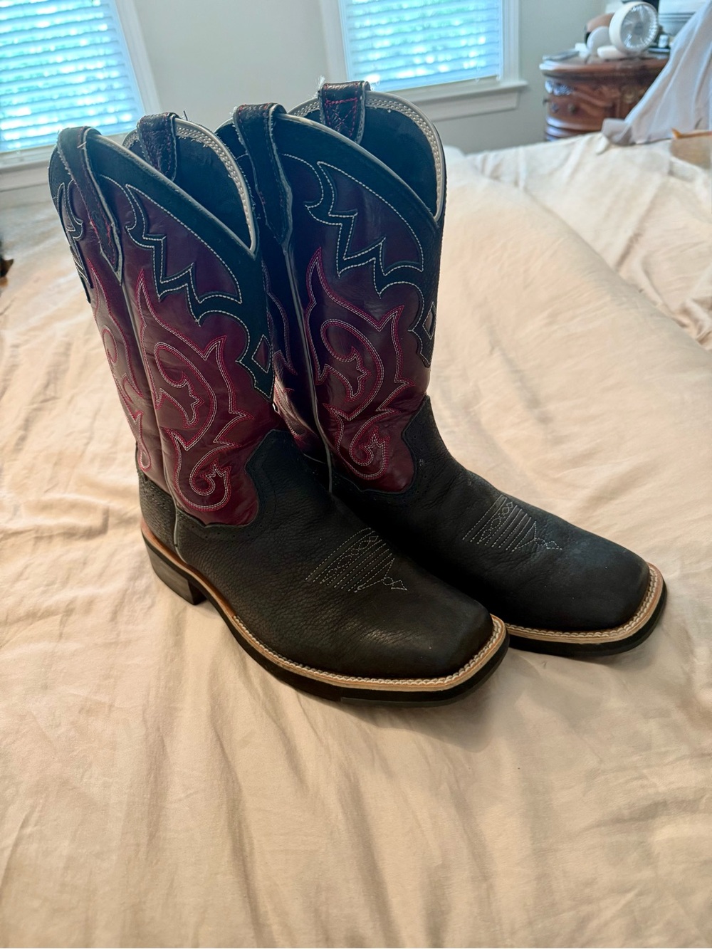 Ariat Black Foot with Burgundy Embroidered Shaft Western Boots